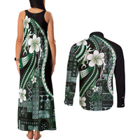 Samoa Siapo Tribal Pattern Couples Matching Tank Maxi Dress and Long Sleeve Button Shirt Forest Green Polynesian Plumeria Tapa Motif