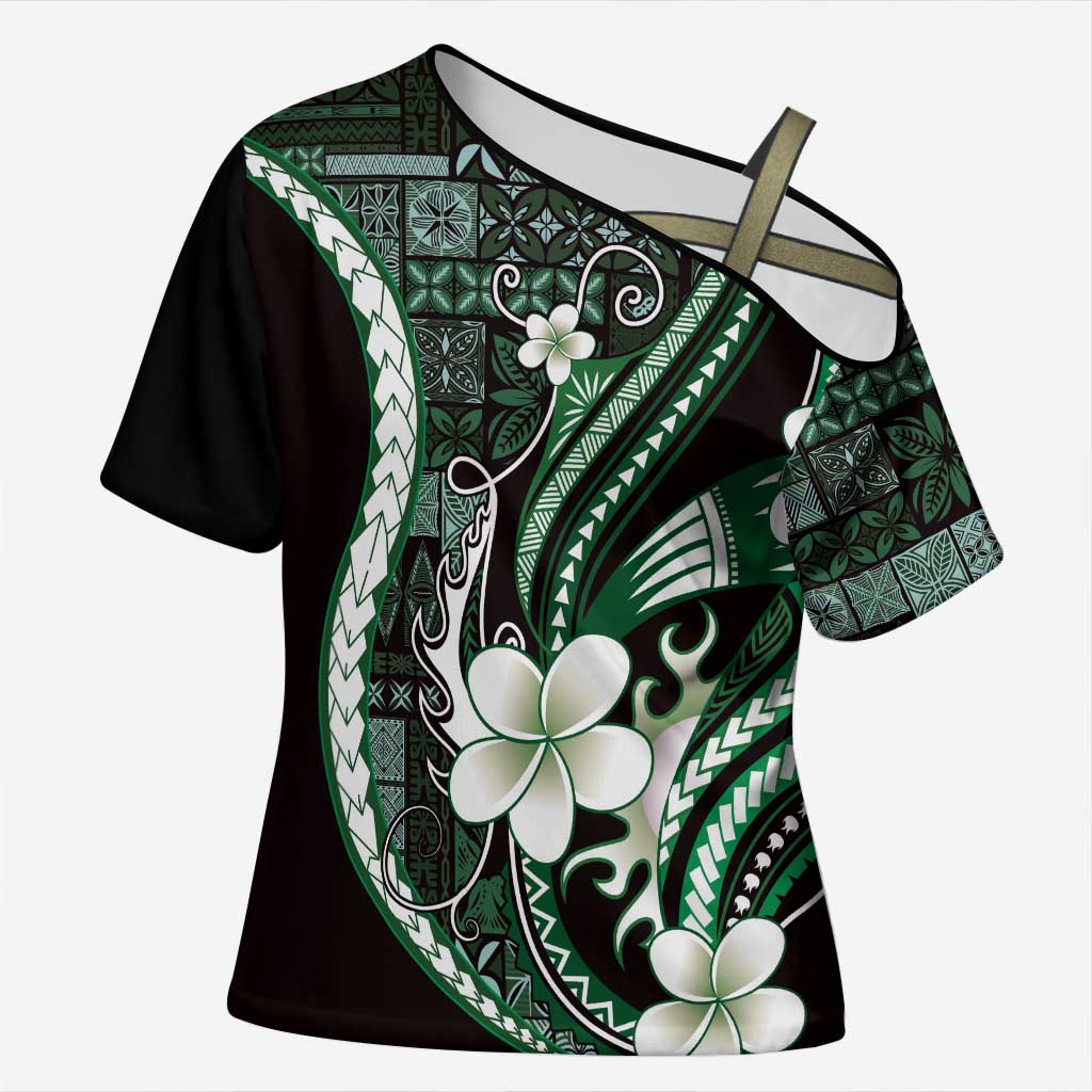 Samoa Siapo Tribal Pattern Cross Shoulder Shirt Forest Green Polynesian Plumeria Tapa Motif
