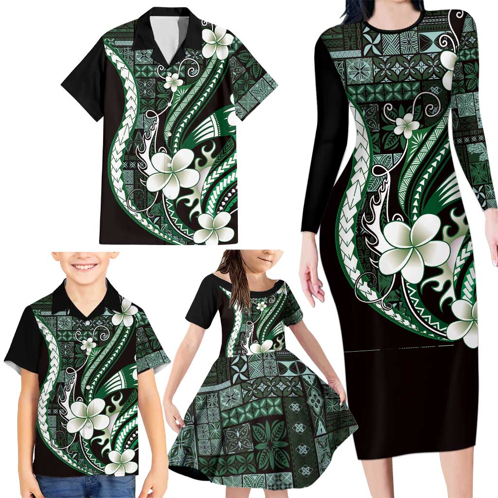 Samoa Siapo Tribal Pattern Family Matching Long Sleeve Bodycon Dress and Hawaiian Shirt Forest Green Polynesian Plumeria Tapa Motif LT9 - Polynesian Pride