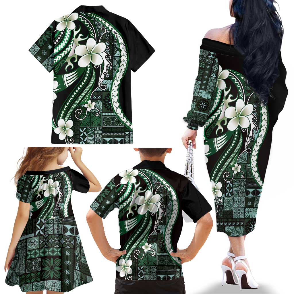 Samoa Siapo Tribal Pattern Family Matching Off The Shoulder Long Sleeve Dress and Hawaiian Shirt Forest Green Polynesian Plumeria Tapa Motif LT9 - Polynesian Pride