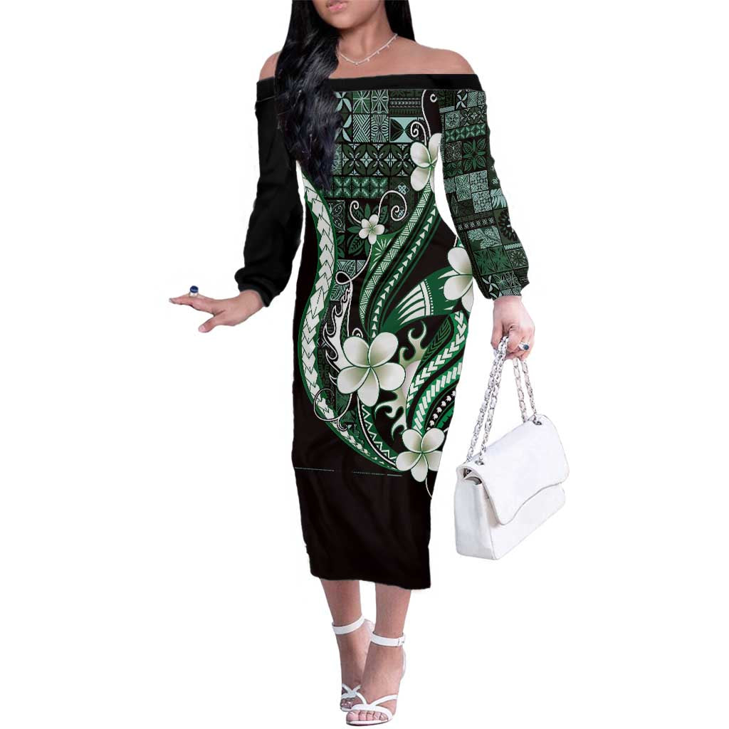 Samoa Siapo Tribal Pattern Family Matching Off The Shoulder Long Sleeve Dress and Hawaiian Shirt Forest Green Polynesian Plumeria Tapa Motif LT9 Mom's Dress Green - Polynesian Pride