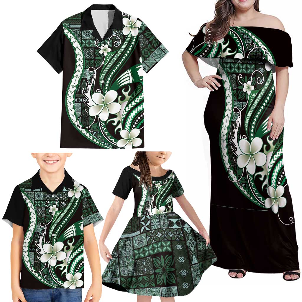 Samoa Siapo Tribal Pattern Family Matching Off Shoulder Maxi Dress and Hawaiian Shirt Forest Green Polynesian Plumeria Tapa Motif