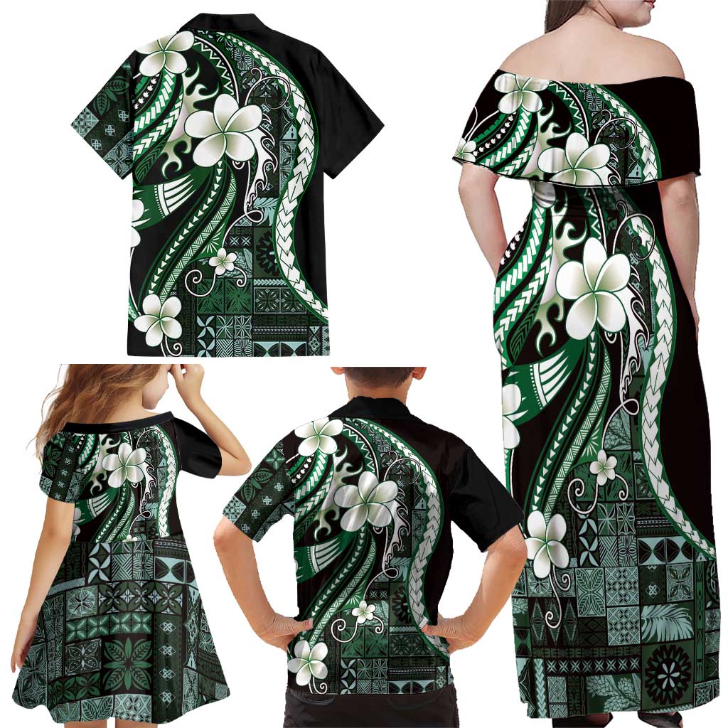 Samoa Siapo Tribal Pattern Family Matching Off Shoulder Maxi Dress and Hawaiian Shirt Forest Green Polynesian Plumeria Tapa Motif LT9 - Polynesian Pride