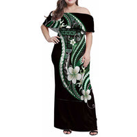 Samoa Siapo Tribal Pattern Family Matching Off Shoulder Maxi Dress and Hawaiian Shirt Forest Green Polynesian Plumeria Tapa Motif LT9 Mom's Dress Green - Polynesian Pride