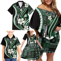 Samoa Siapo Tribal Pattern Family Matching Off Shoulder Short Dress and Hawaiian Shirt Forest Green Polynesian Plumeria Tapa Motif LT9 - Polynesian Pride