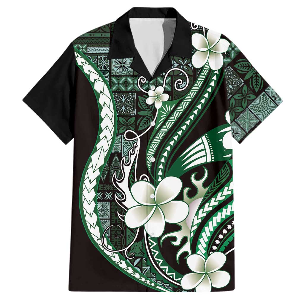 Samoa Siapo Tribal Pattern Family Matching Off Shoulder Short Dress and Hawaiian Shirt Forest Green Polynesian Plumeria Tapa Motif LT9 Dad's Shirt - Short Sleeve Green - Polynesian Pride