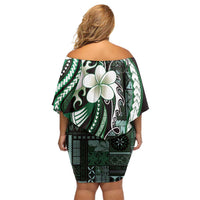 Samoa Siapo Tribal Pattern Family Matching Off Shoulder Short Dress and Hawaiian Shirt Forest Green Polynesian Plumeria Tapa Motif LT9 - Polynesian Pride