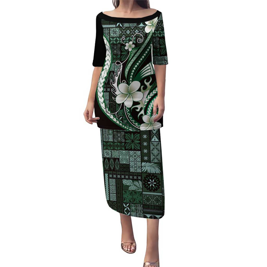 Samoa Siapo Tribal Pattern Family Matching Puletasi and Hawaiian Shirt Forest Green Polynesian Plumeria Tapa Motif LT9 Mom's Dress Green - Polynesian Pride