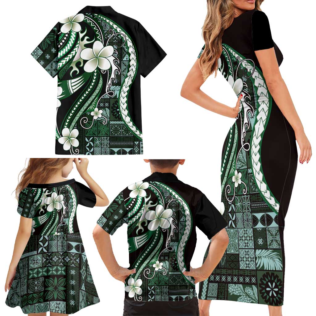 Samoa Siapo Tribal Pattern Family Matching Short Sleeve Bodycon Dress and Hawaiian Shirt Forest Green Polynesian Plumeria Tapa Motif LT9 - Polynesian Pride