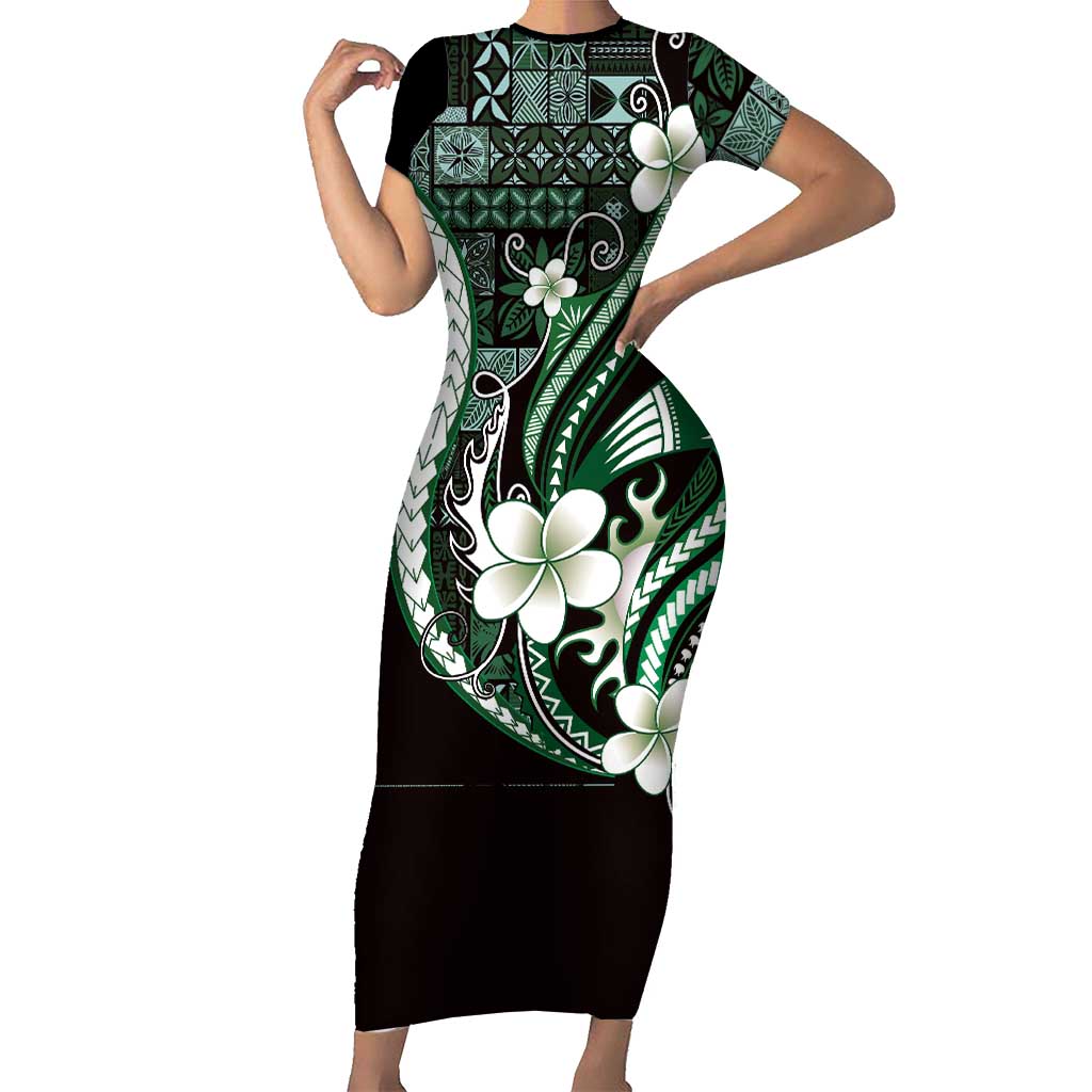 Samoa Siapo Tribal Pattern Family Matching Short Sleeve Bodycon Dress and Hawaiian Shirt Forest Green Polynesian Plumeria Tapa Motif LT9 Mom's Dress Green - Polynesian Pride