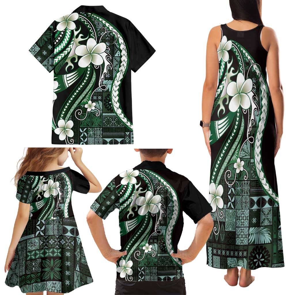Samoa Siapo Tribal Pattern Family Matching Tank Maxi Dress and Hawaiian Shirt Forest Green Polynesian Plumeria Tapa Motif LT9 - Polynesian Pride