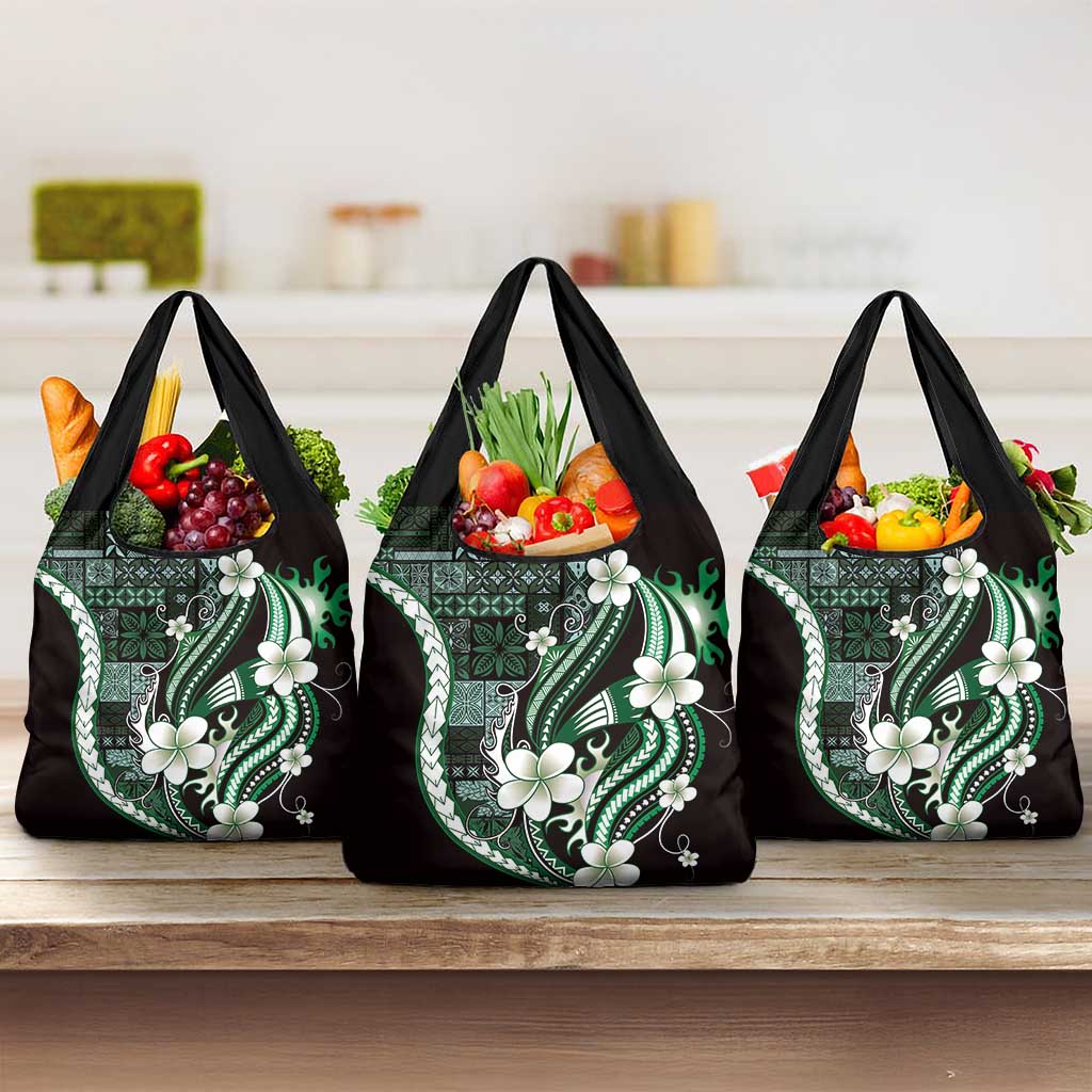 Samoa Siapo Tribal Pattern Grocery Bag Forest Green Polynesian Plumeria Tapa Motif