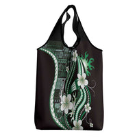 Samoa Siapo Tribal Pattern Grocery Bag Forest Green Polynesian Plumeria Tapa Motif