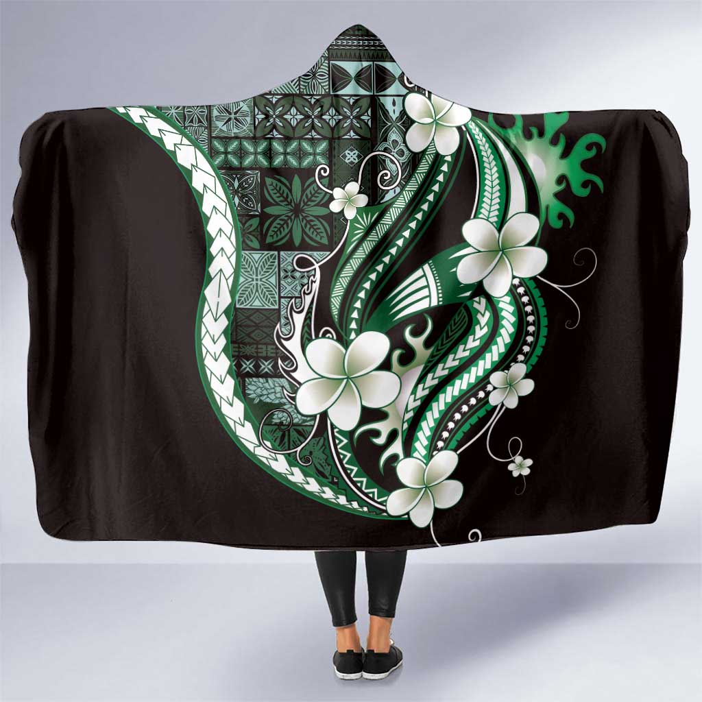 Samoa Siapo Tribal Pattern Hooded Blanket Forest Green Polynesian Plumeria Tapa Motif