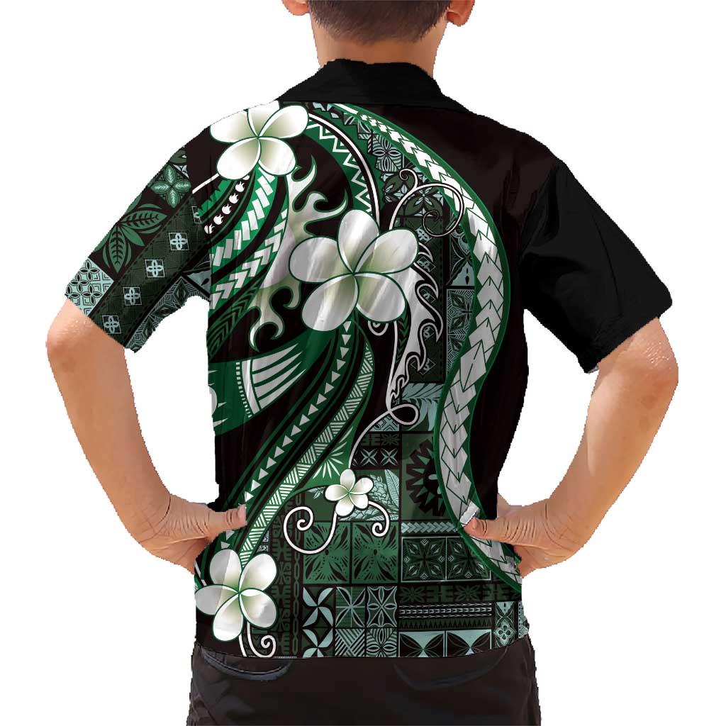 Samoa Siapo Tribal Pattern Kid Hawaiian Shirt Forest Green Polynesian Plumeria Tapa Motif