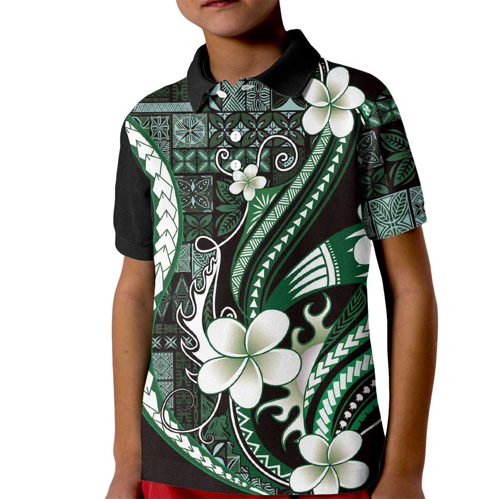 Samoa Siapo Tribal Pattern Kid Polo Shirt Forest Green Polynesian Plumeria Tapa Motif