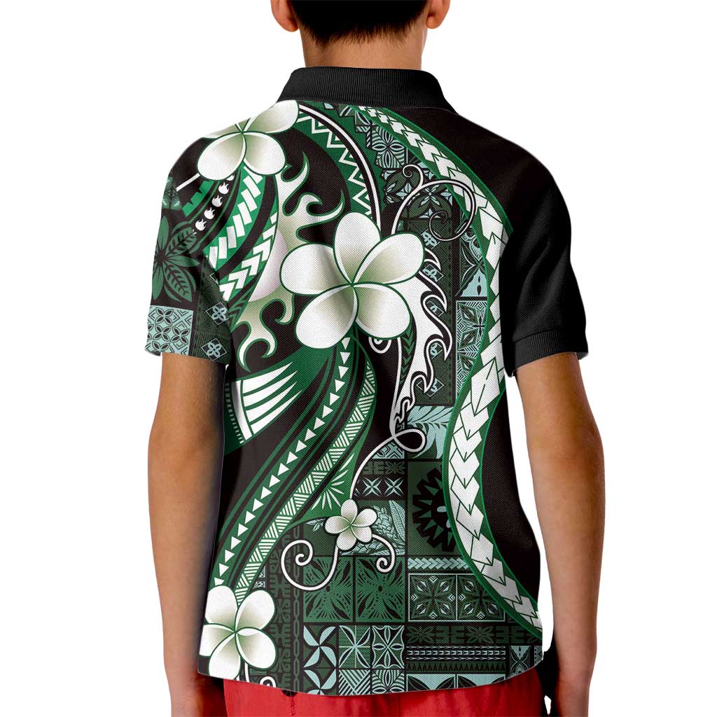 Samoa Siapo Tribal Pattern Kid Polo Shirt Forest Green Polynesian Plumeria Tapa Motif