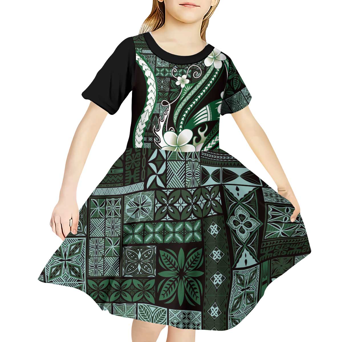 Samoa Siapo Tribal Pattern Kid Short Sleeve Dress Forest Green Polynesian Plumeria Tapa Motif