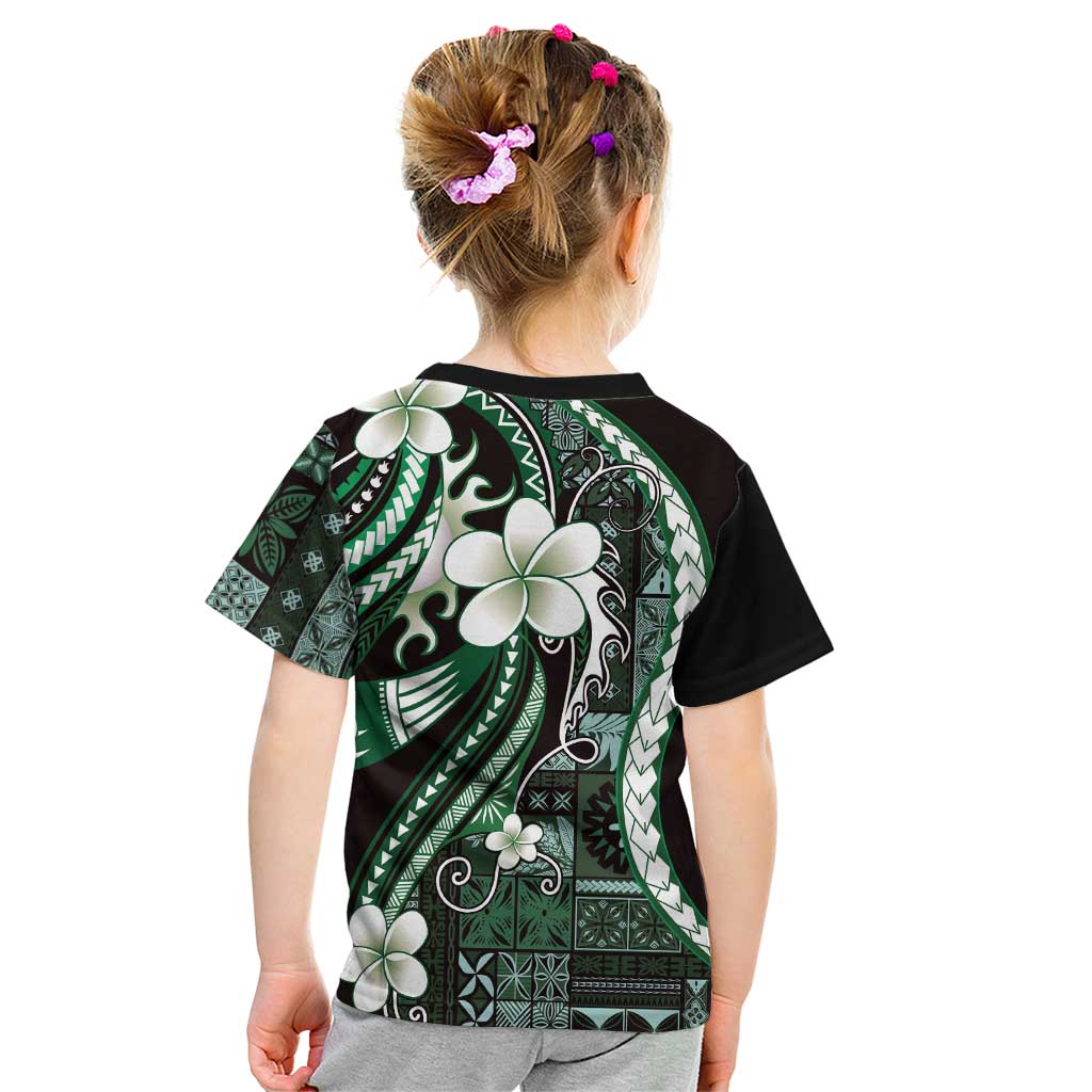 Samoa Siapo Tribal Pattern Kid T Shirt Forest Green Polynesian Plumeria Tapa Motif