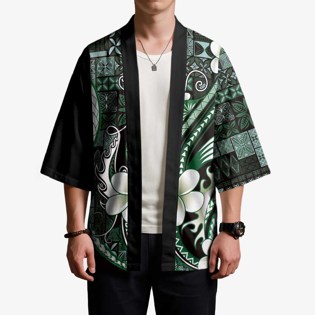 Samoa Siapo Tribal Pattern Kimono Forest Green Polynesian Plumeria Tapa Motif