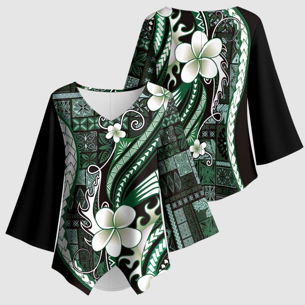 Samoa Siapo Tribal Pattern Kimono Sleeve Blouse Forest Green Polynesian Plumeria Tapa Motif