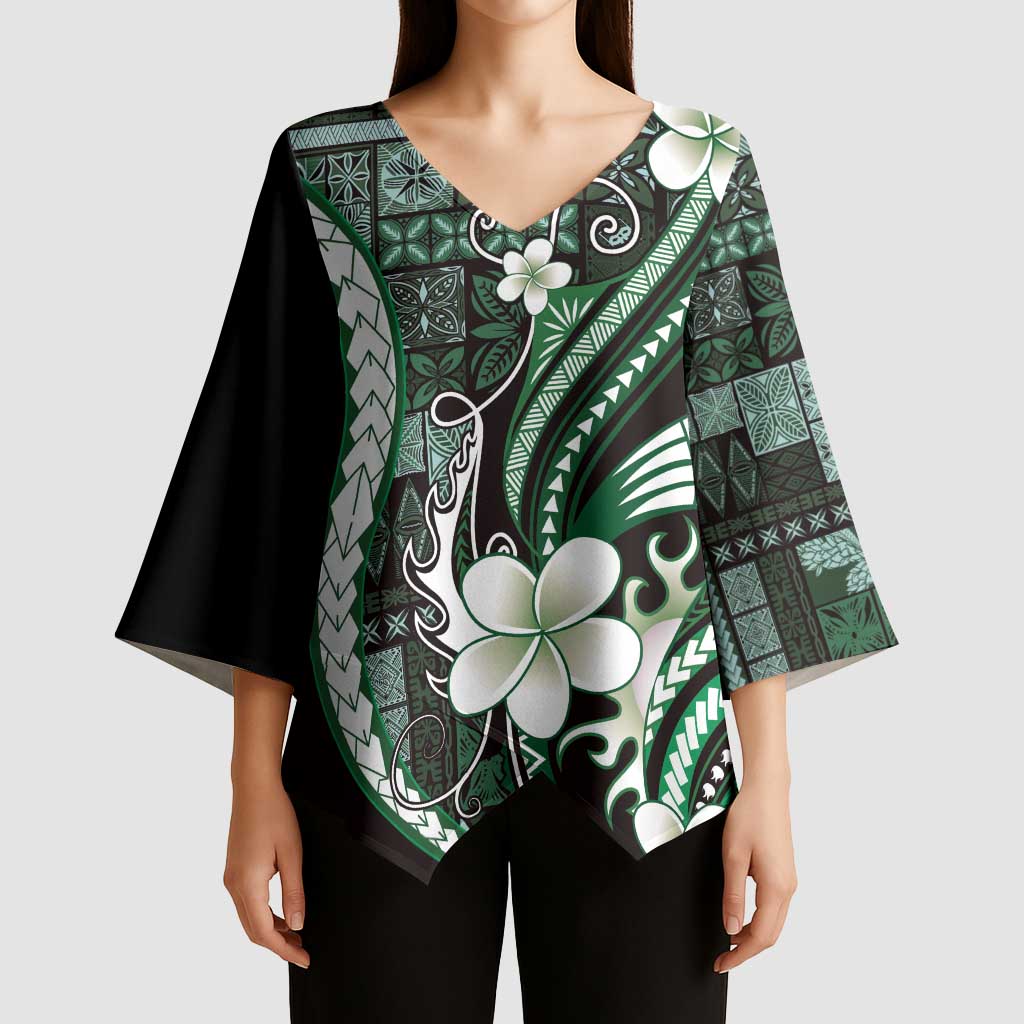 Samoa Siapo Tribal Pattern Kimono Sleeve Blouse Forest Green Polynesian Plumeria Tapa Motif
