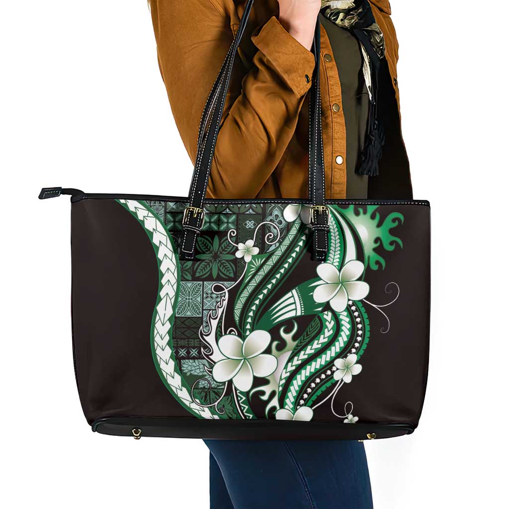 Samoa Siapo Tribal Pattern Leather Tote Bag Forest Green Polynesian Plumeria Tapa Motif