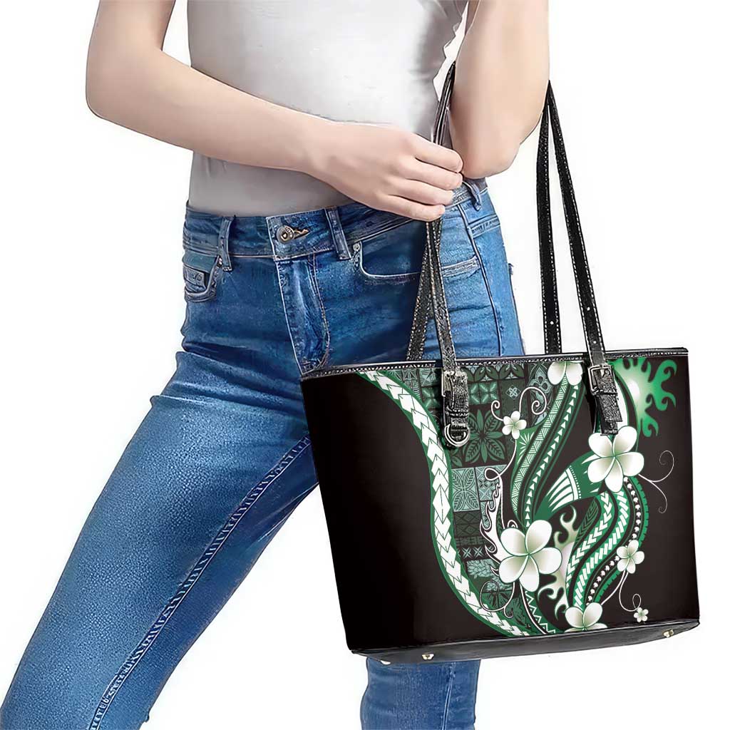 Samoa Siapo Tribal Pattern Leather Tote Bag Forest Green Polynesian Plumeria Tapa Motif