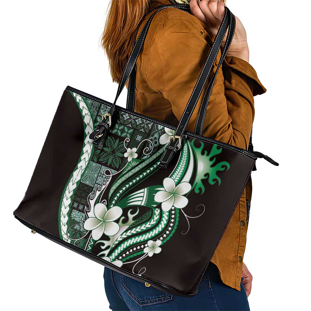 Samoa Siapo Tribal Pattern Leather Tote Bag Forest Green Polynesian Plumeria Tapa Motif