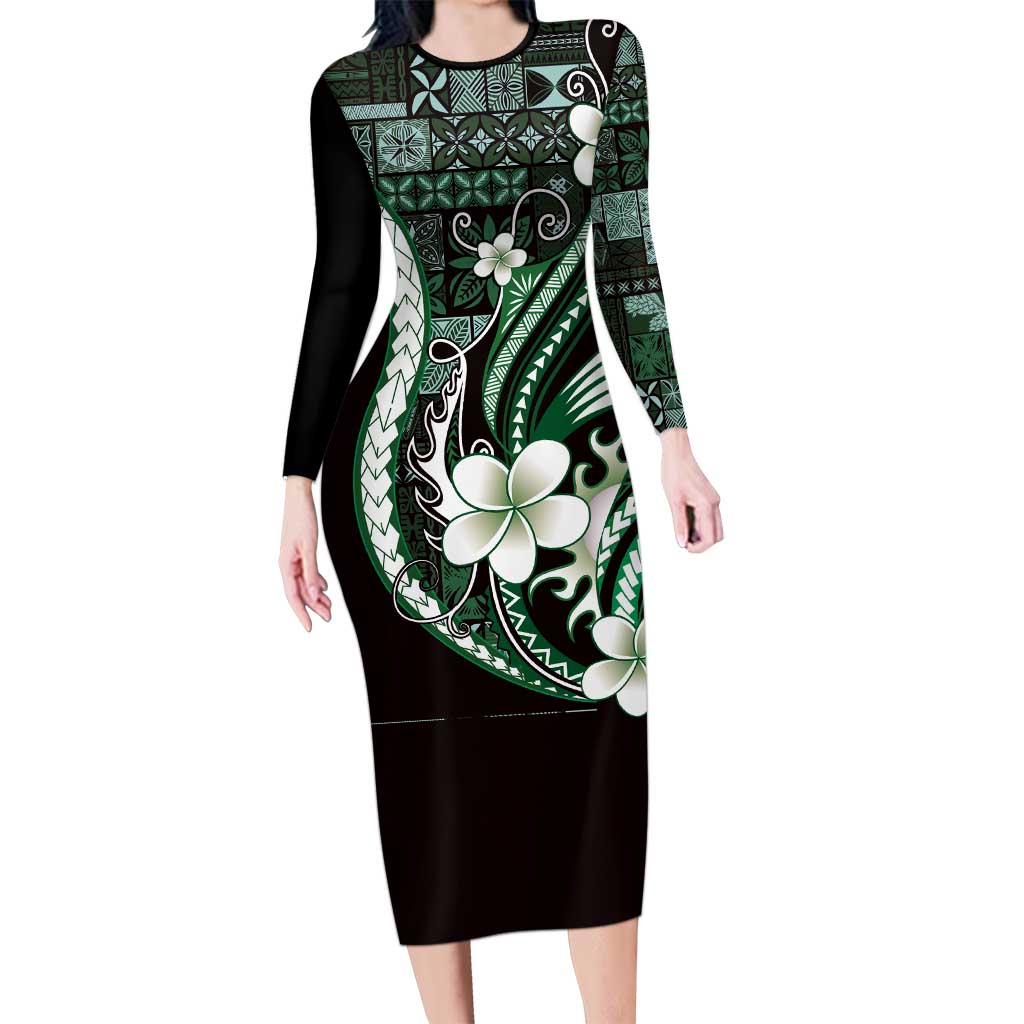 Samoa Siapo Tribal Pattern Long Sleeve Bodycon Dress Forest Green Polynesian Plumeria Tapa Motif