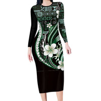 Samoa Siapo Tribal Pattern Long Sleeve Bodycon Dress Forest Green Polynesian Plumeria Tapa Motif