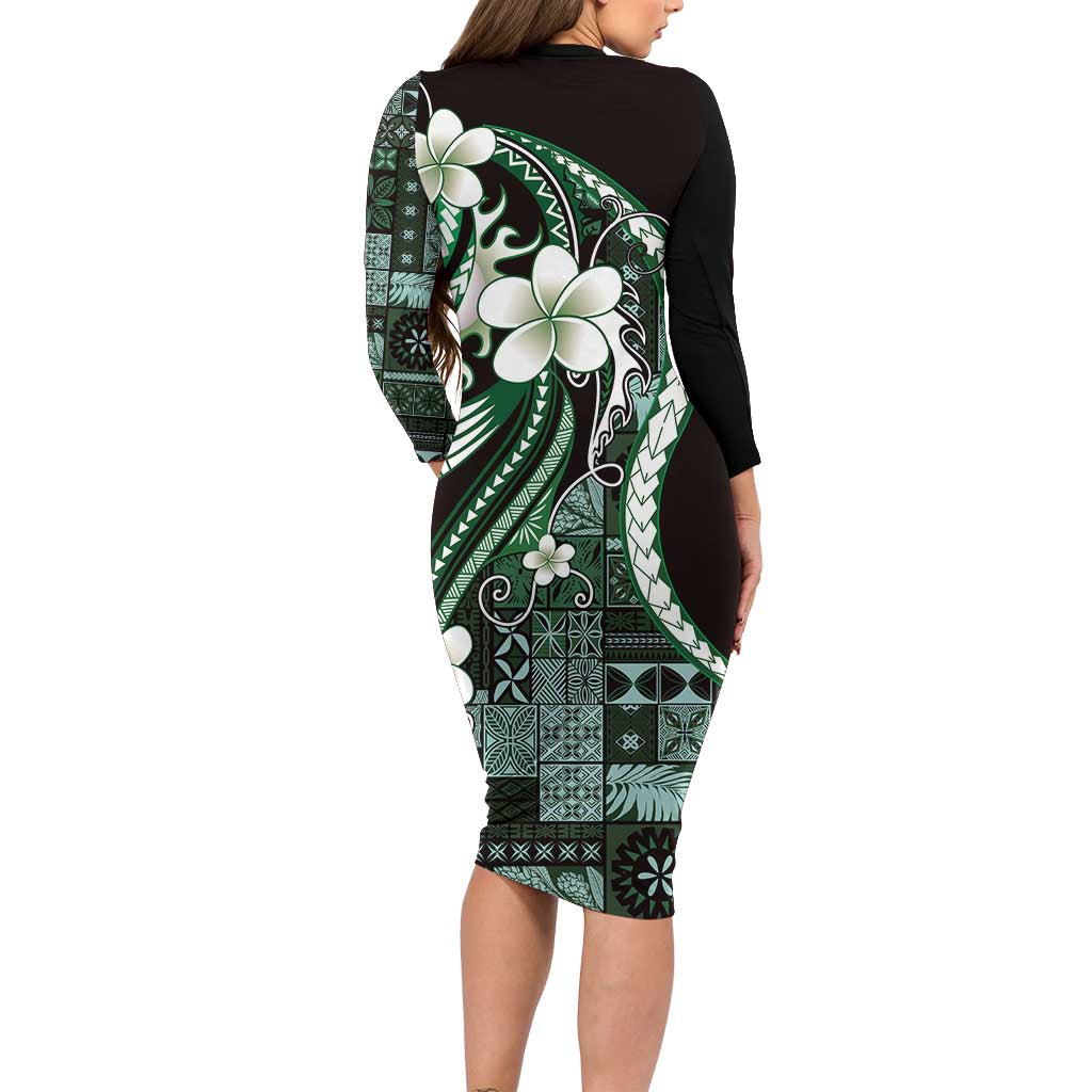 Samoa Siapo Tribal Pattern Long Sleeve Bodycon Dress Forest Green Polynesian Plumeria Tapa Motif