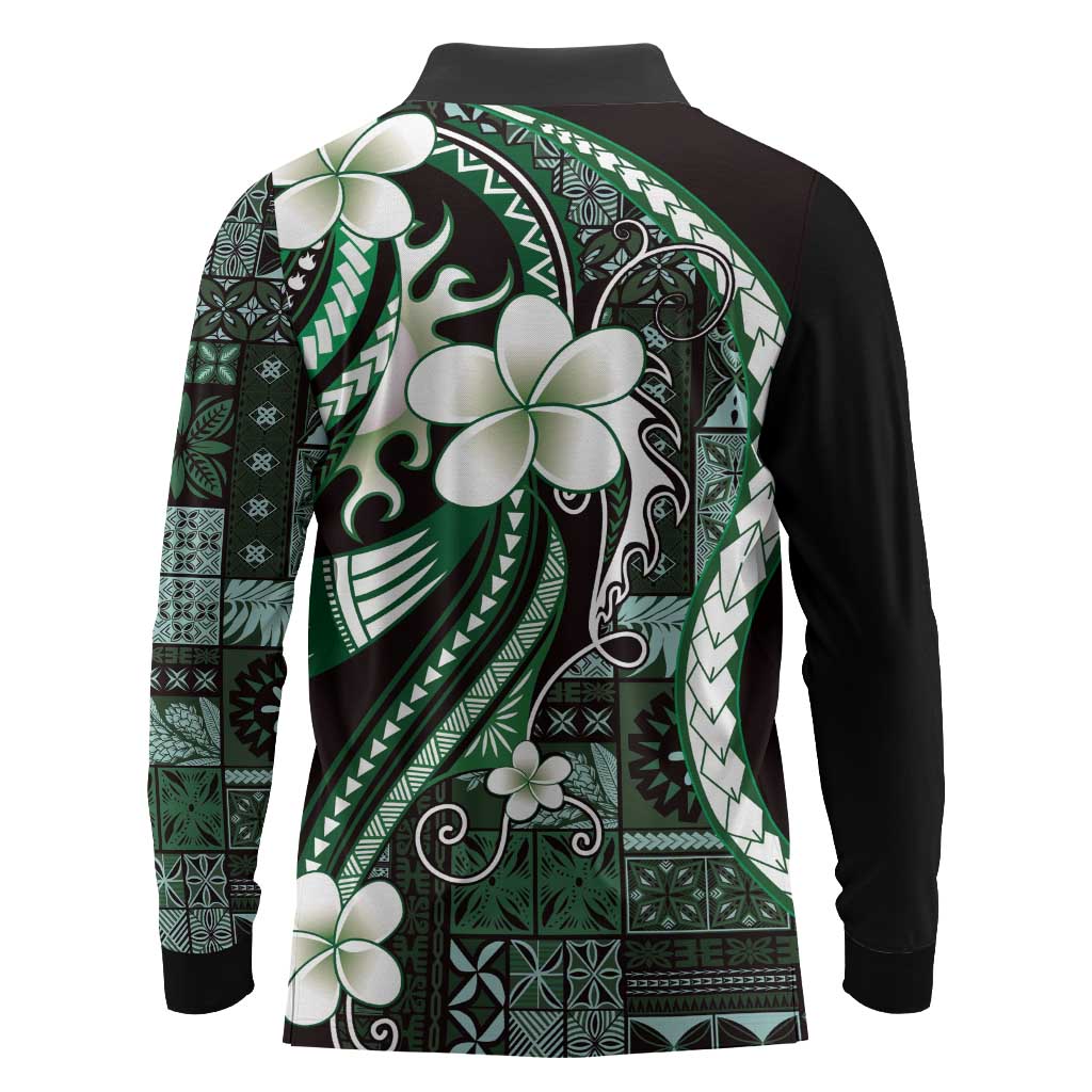 Samoa Siapo Tribal Pattern Long Sleeve Polo Shirt Forest Green Polynesian Plumeria Tapa Motif