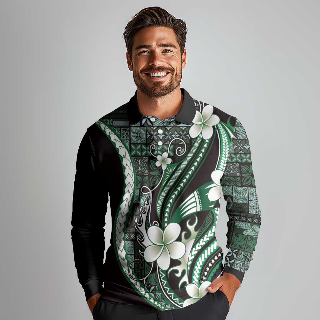 Samoa Siapo Tribal Pattern Long Sleeve Polo Shirt Forest Green Polynesian Plumeria Tapa Motif