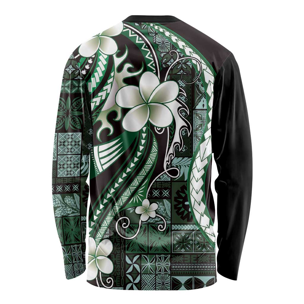 Samoa Siapo Tribal Pattern Long Sleeve Shirt Forest Green Polynesian Plumeria Tapa Motif