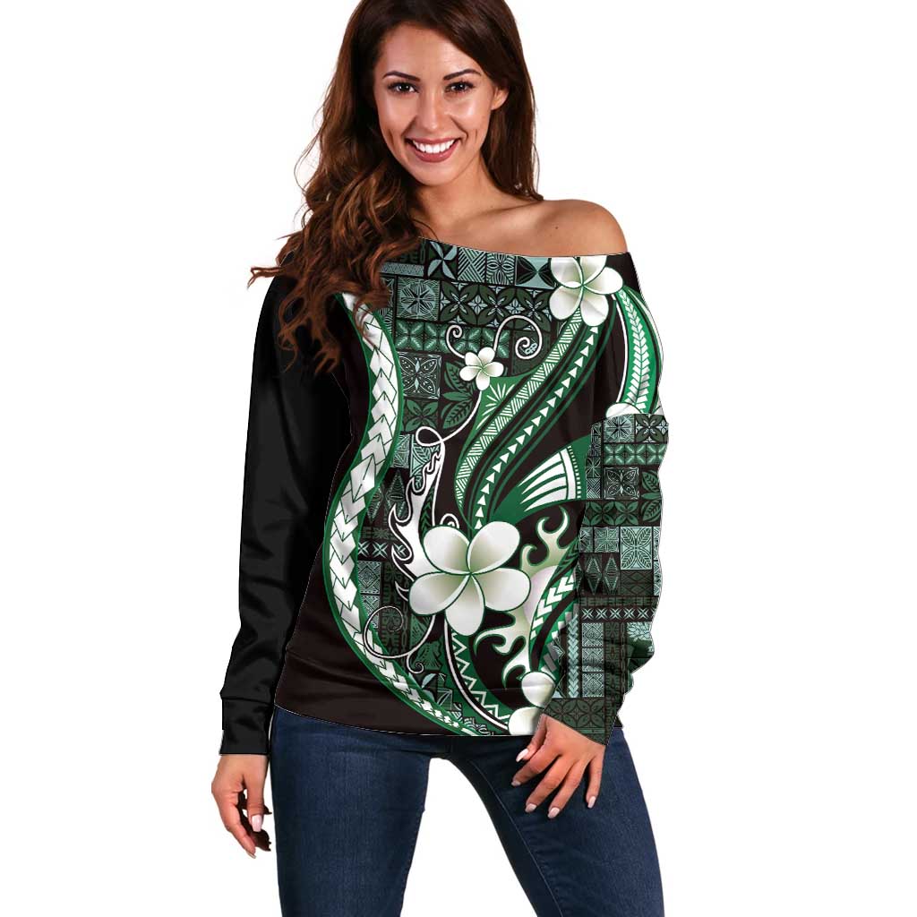 Samoa Siapo Tribal Pattern Off Shoulder Sweater Forest Green Polynesian Plumeria Tapa Motif