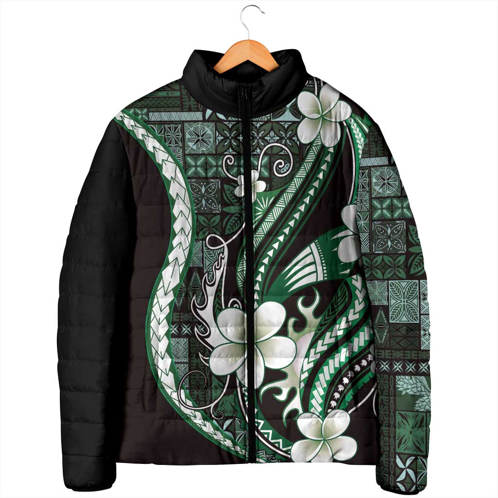Samoa Siapo Tribal Pattern Padded Jacket Forest Green Polynesian Plumeria Tapa Motif