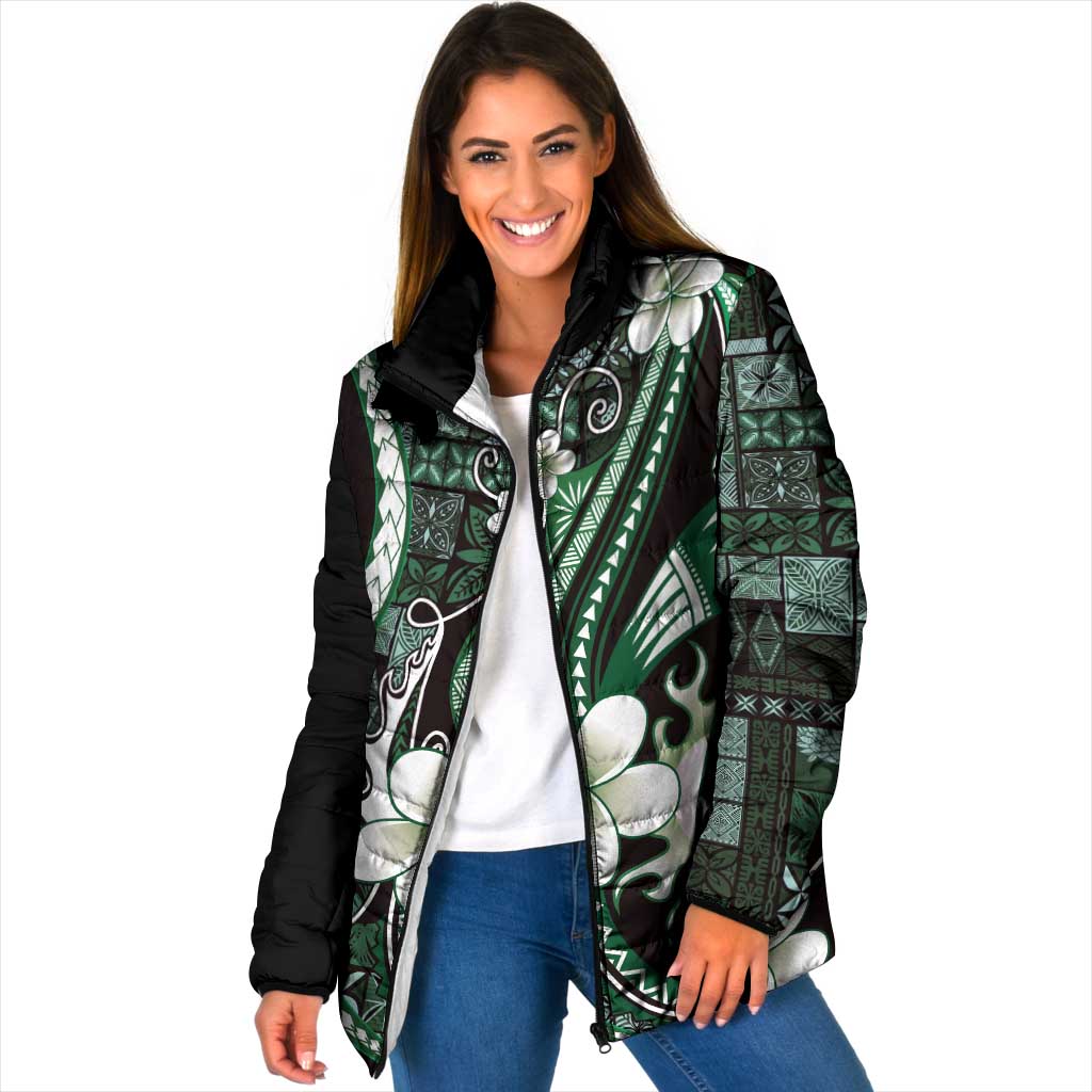 Samoa Siapo Tribal Pattern Padded Jacket Forest Green Polynesian Plumeria Tapa Motif