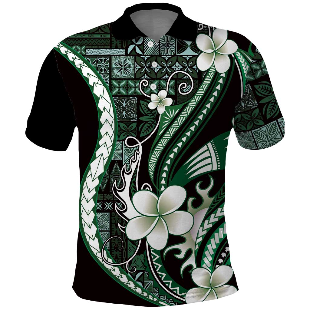 Samoa Siapo Tribal Pattern Polo Shirt Forest Green Polynesian Plumeria Tapa Motif