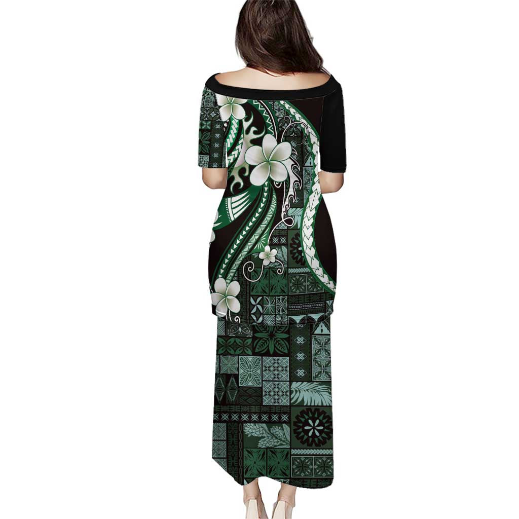 Samoa Siapo Tribal Pattern Puletasi Forest Green Polynesian Plumeria Tapa Motif