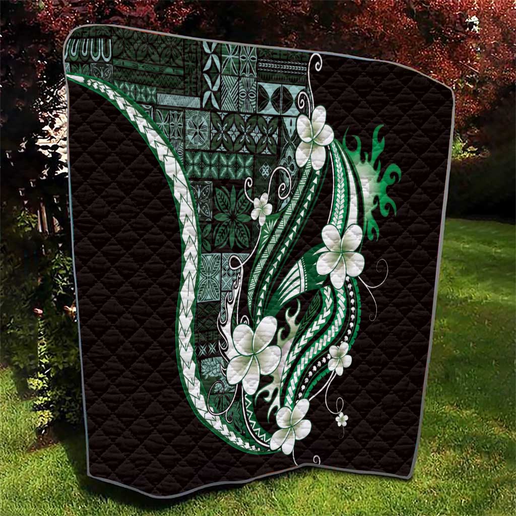 Samoa Siapo Tribal Pattern Quilt Forest Green Polynesian Plumeria Tapa Motif