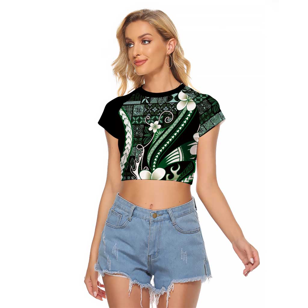 Samoa Siapo Tribal Pattern Raglan Cropped T Shirt Forest Green Polynesian Plumeria Tapa Motif