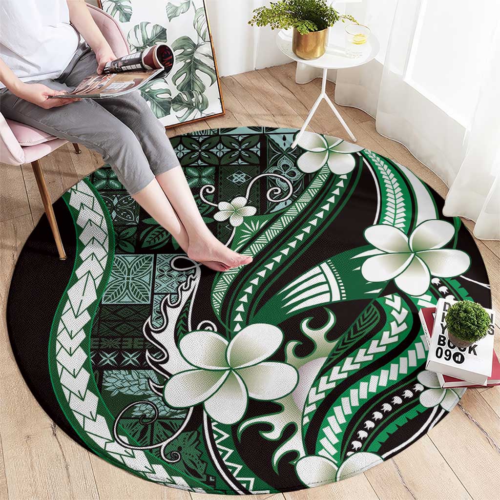 Samoa Siapo Tribal Pattern Round Carpet Forest Green Polynesian Plumeria Tapa Motif
