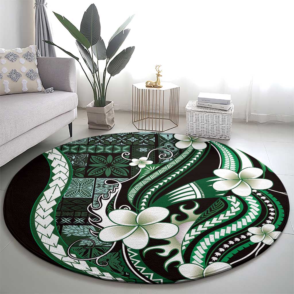Samoa Siapo Tribal Pattern Round Carpet Forest Green Polynesian Plumeria Tapa Motif