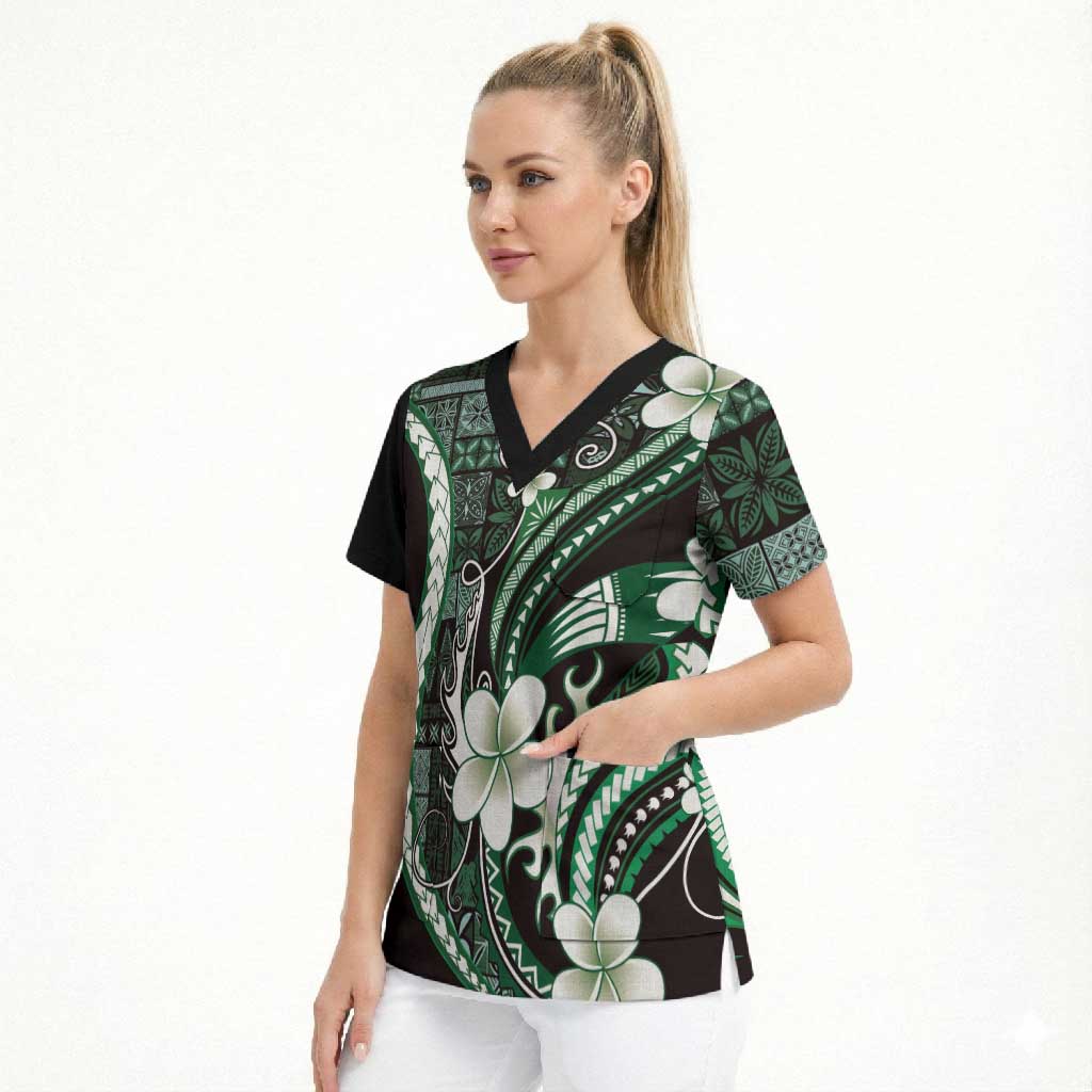 Samoa Siapo Tribal Pattern Scrub Top Forest Green Polynesian Plumeria Tapa Motif
