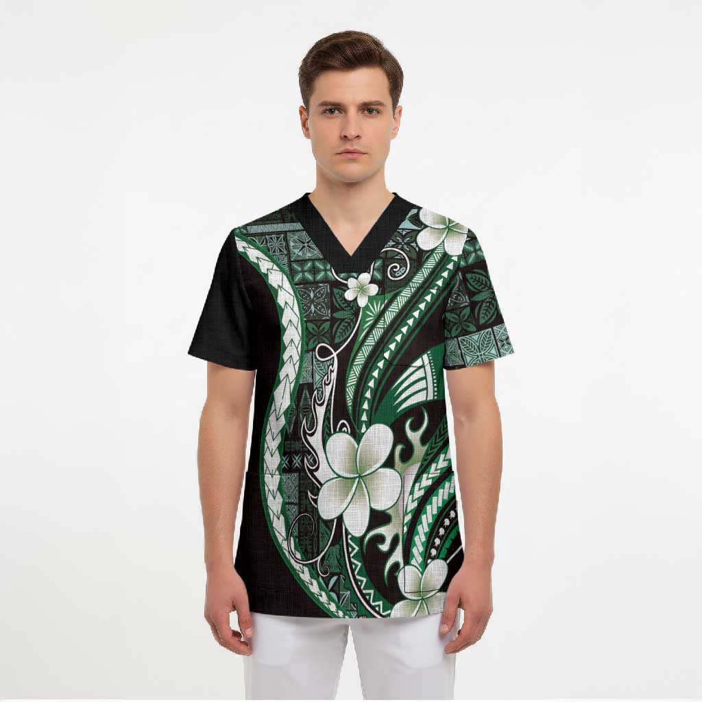Samoa Siapo Tribal Pattern Scrub Top Forest Green Polynesian Plumeria Tapa Motif