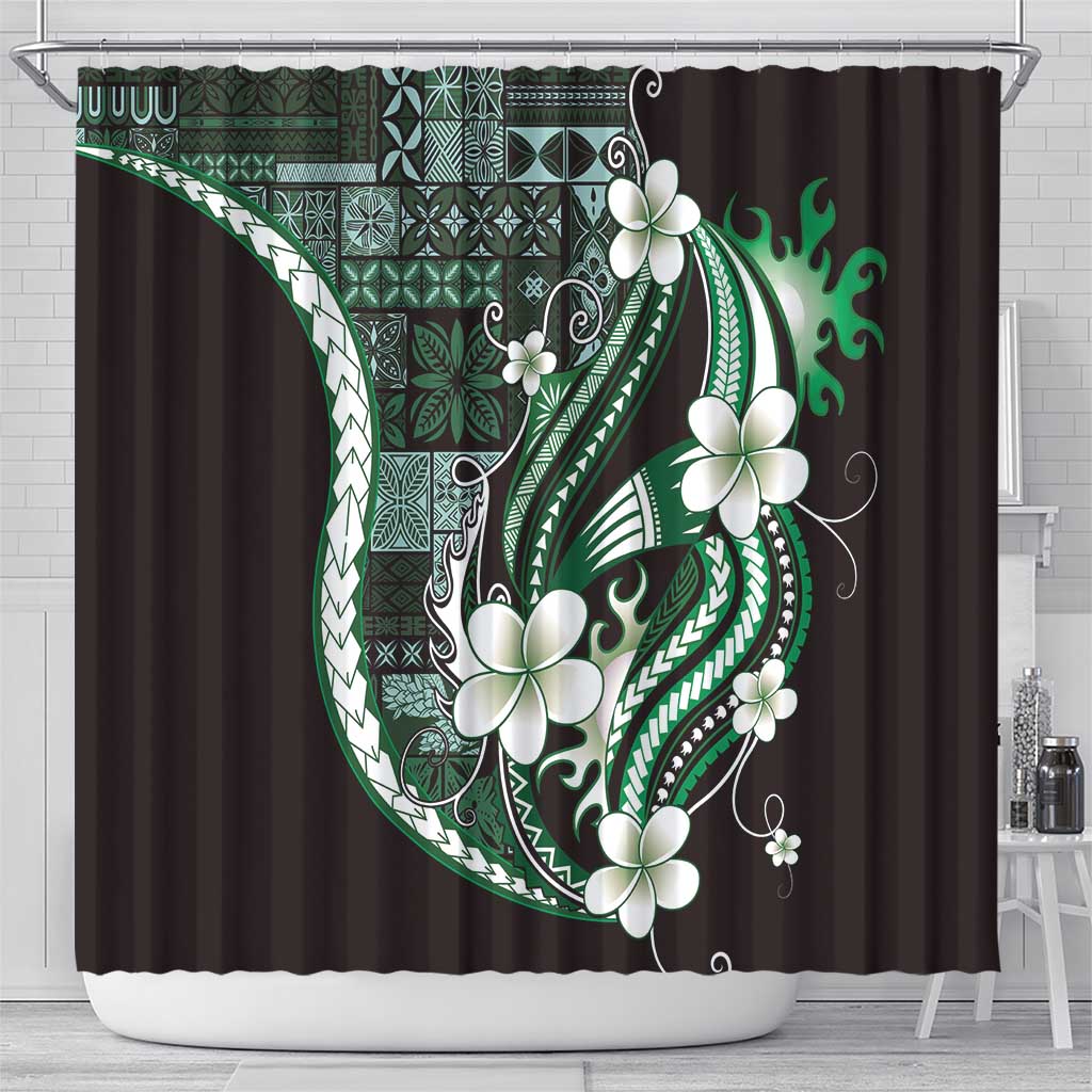 Samoa Siapo Tribal Pattern Shower Curtain Forest Green Polynesian Plumeria Tapa Motif