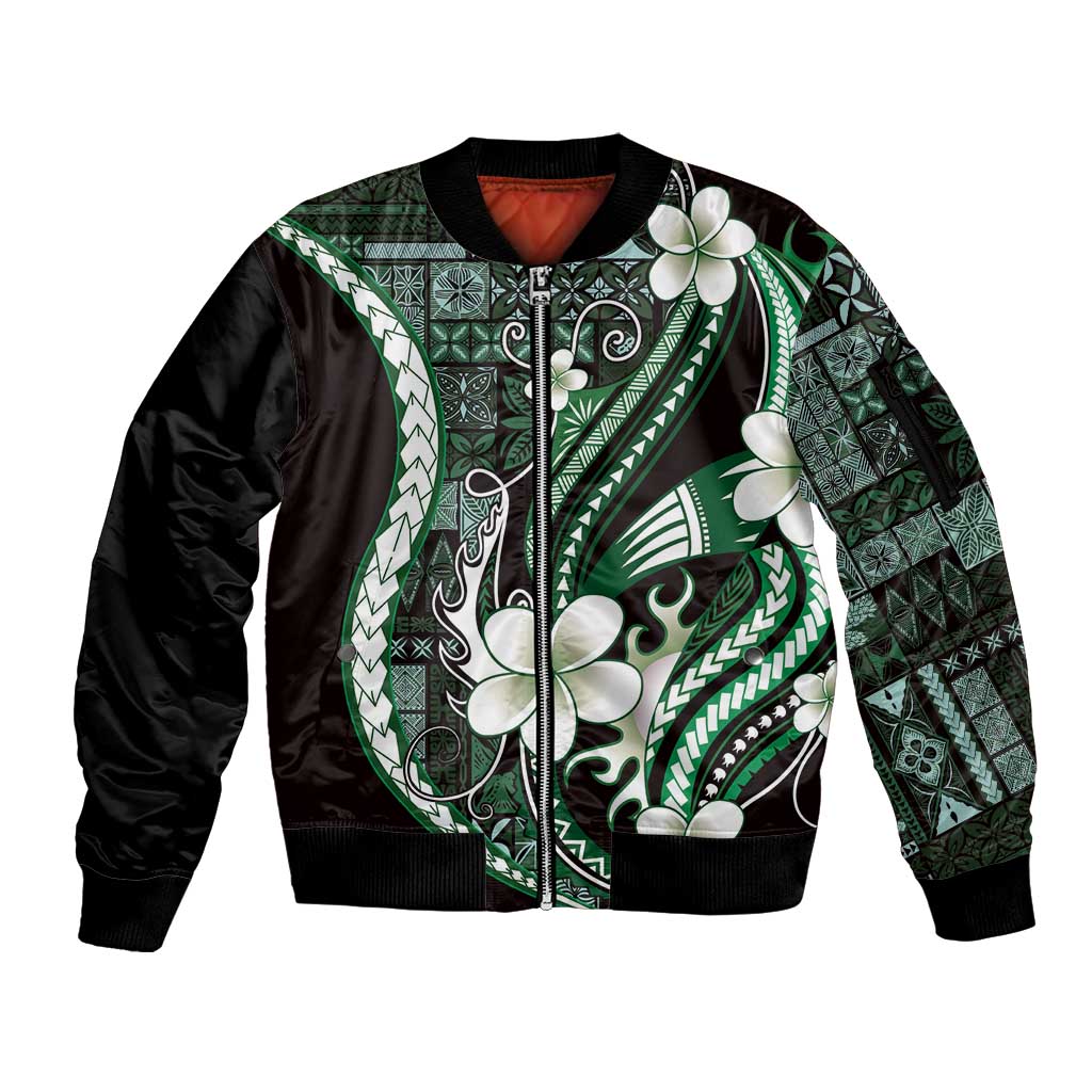 Samoa Siapo Tribal Pattern Sleeve Zip Bomber Jacket Forest Green Polynesian Plumeria Tapa Motif