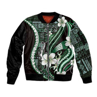 Samoa Siapo Tribal Pattern Sleeve Zip Bomber Jacket Forest Green Polynesian Plumeria Tapa Motif