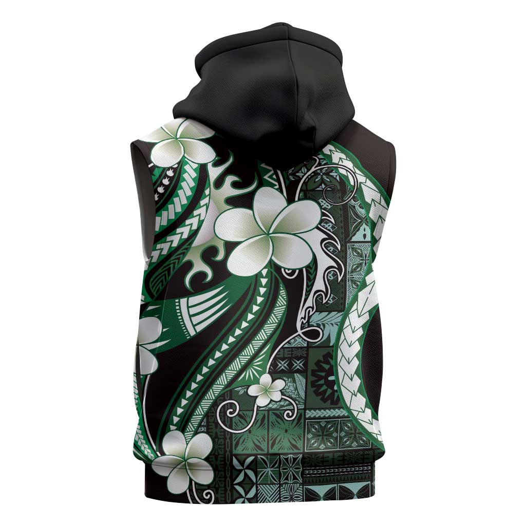 Samoa Siapo Tribal Pattern Sleeveless Hoodie Forest Green Polynesian Plumeria Tapa Motif